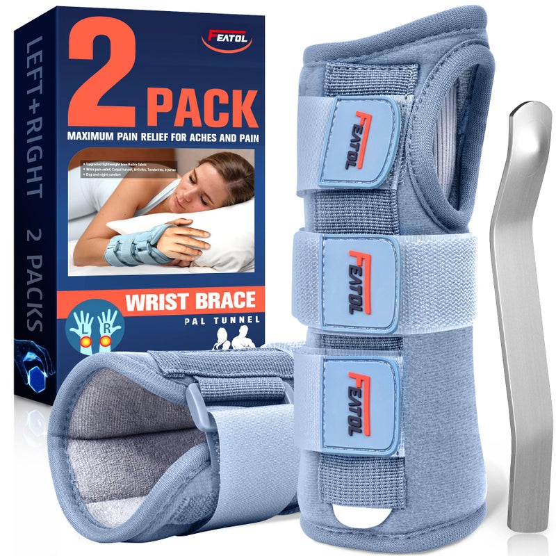 FEATOL 2 Pack Wrist Brace for Carpal Tunnel Relief Adjustable Wrist Support Brace with Metal Splints Both Hands SmallMedium for Arthritis Tendonitis Sprain Injuries Wrist Pain Right and Left Grey